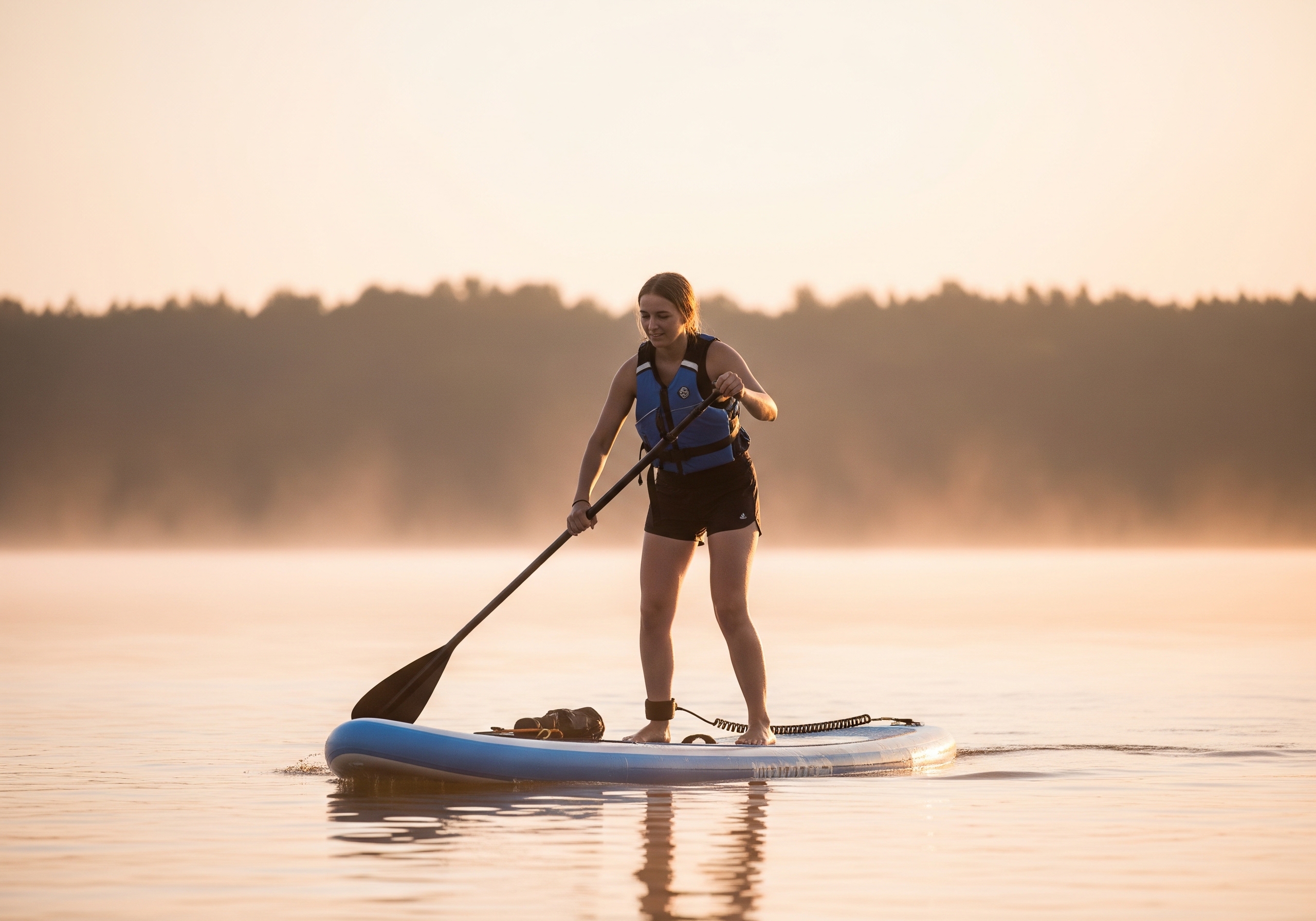 Woman learning to stand-up paddleboard for the first time on a calm lake at sunrise