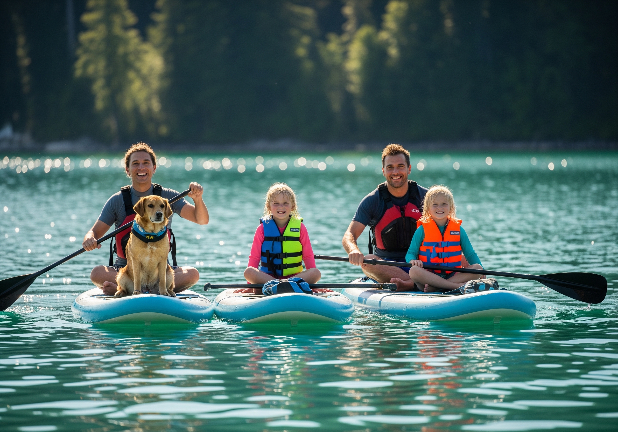 Family with two kids and a dog paddleboarding together on inflatable stand-up paddleboards on a turquoise lake