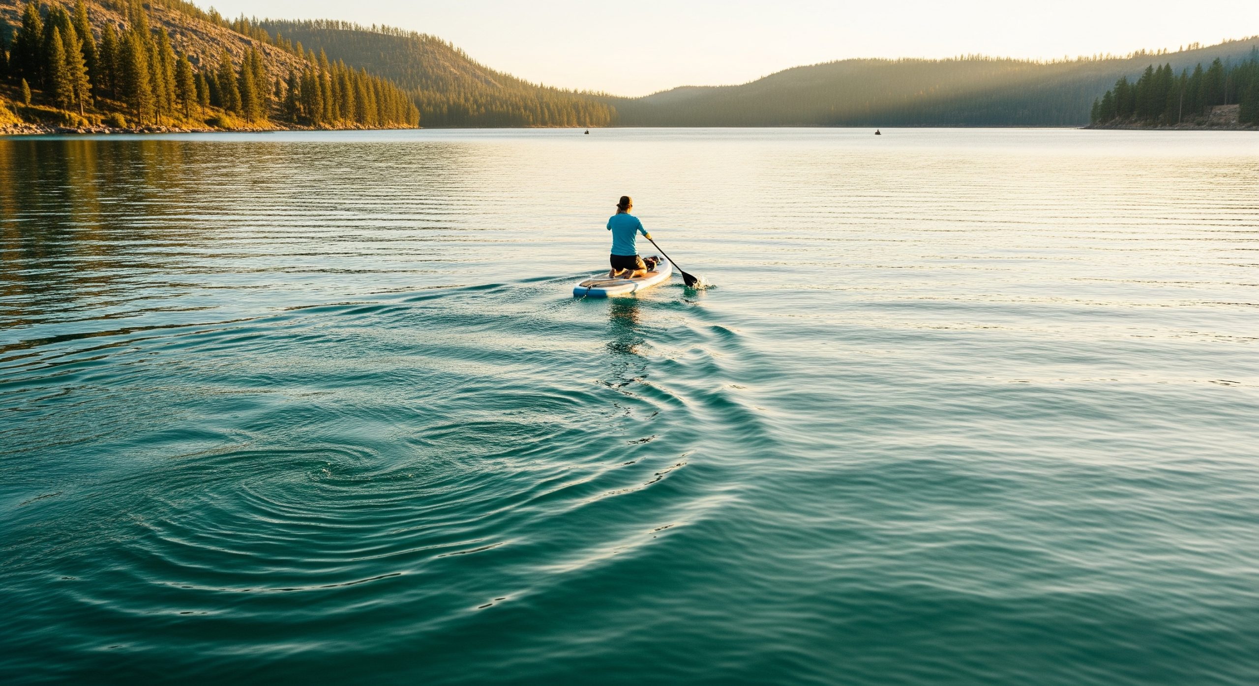 Lone stand-up paddleboarder gliding across a calm turquoise mountain lake at golden hour