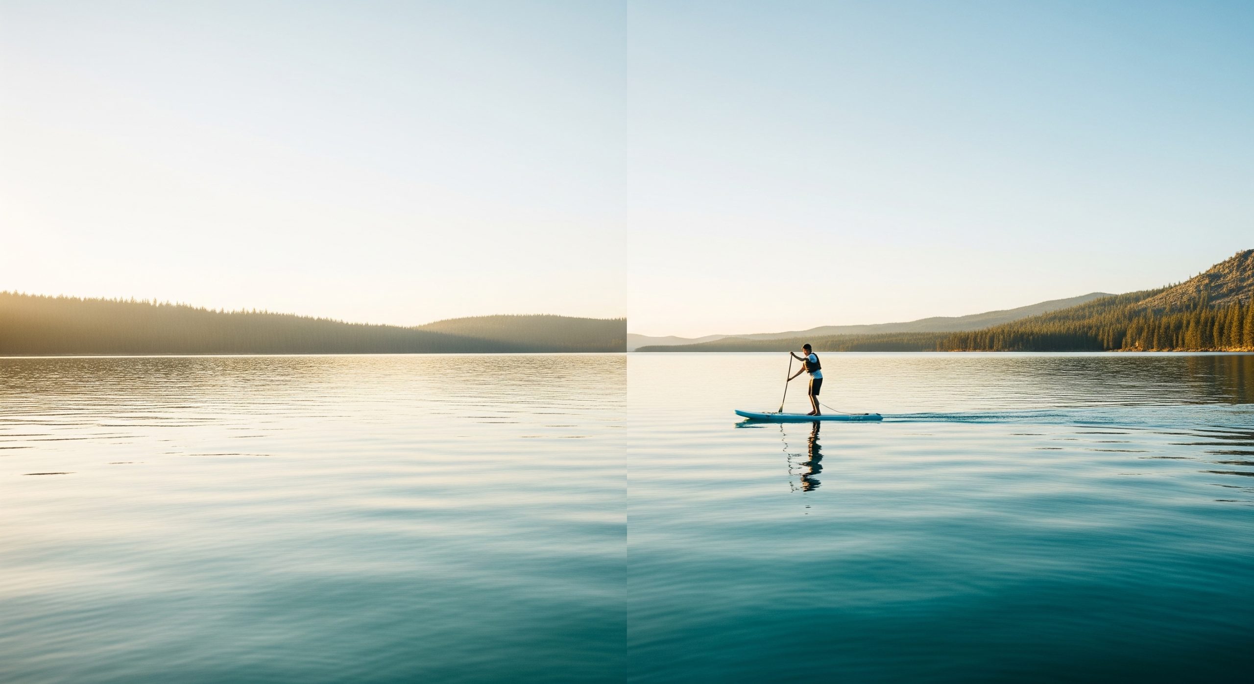 Lone stand-up paddleboarder gliding across a calm turquoise mountain lake at golden hour