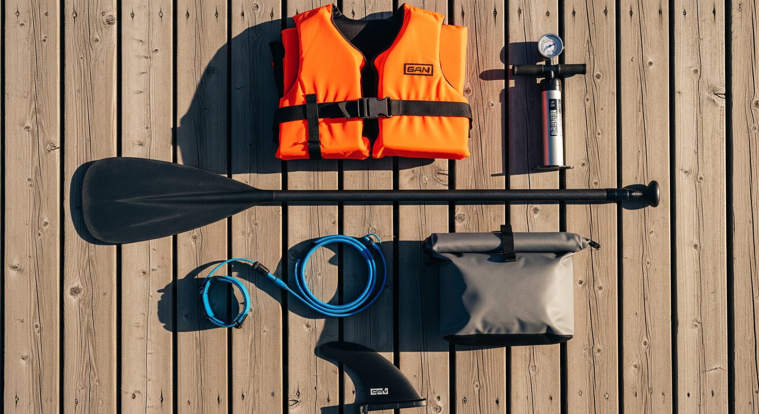 A flat-lay of paddleboard accessories on a dock