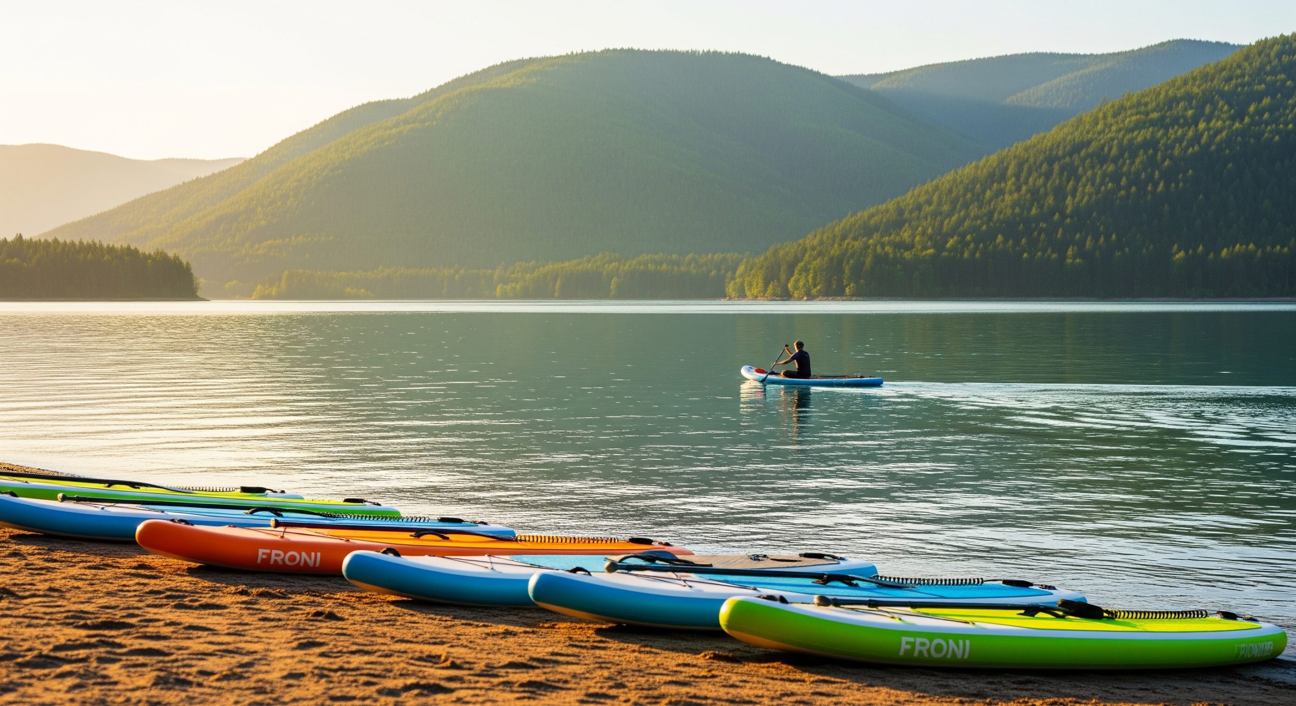 Inflatable paddleboards lined up on a sunny lakeshore at golden hour
