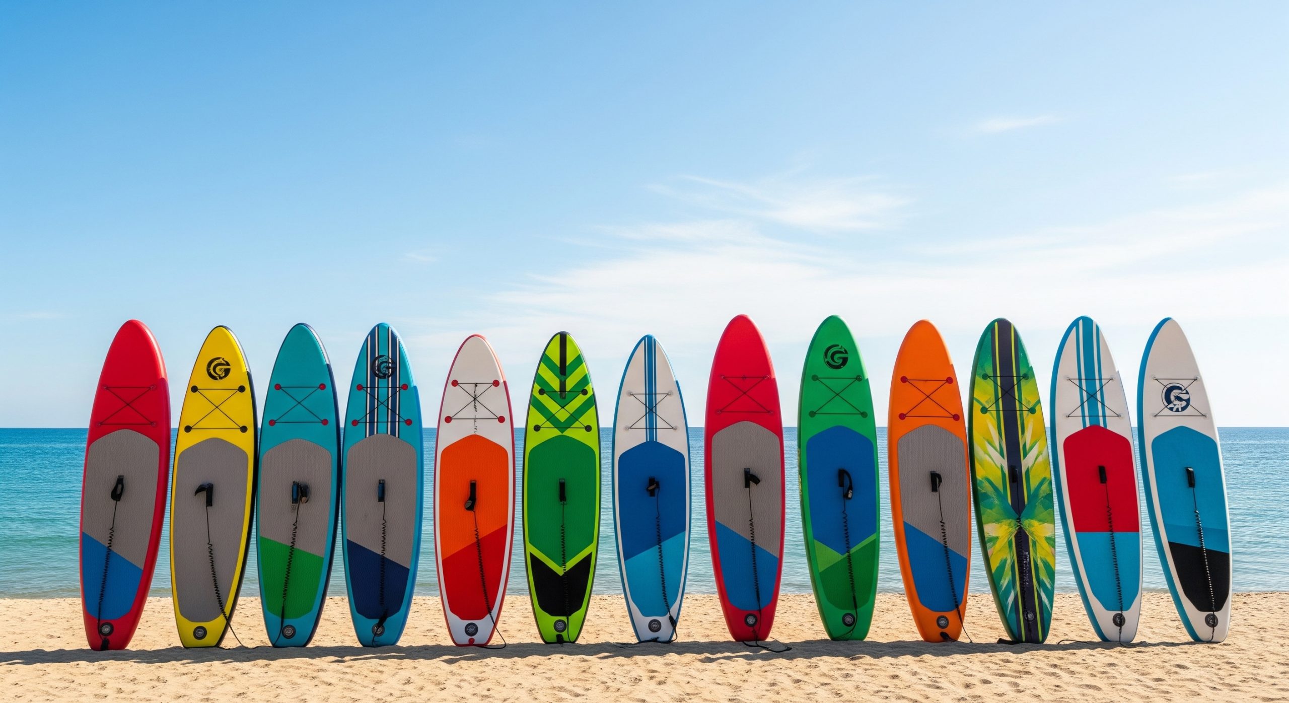 A row of different colourful inflatable paddleboards standing on a sunny beach