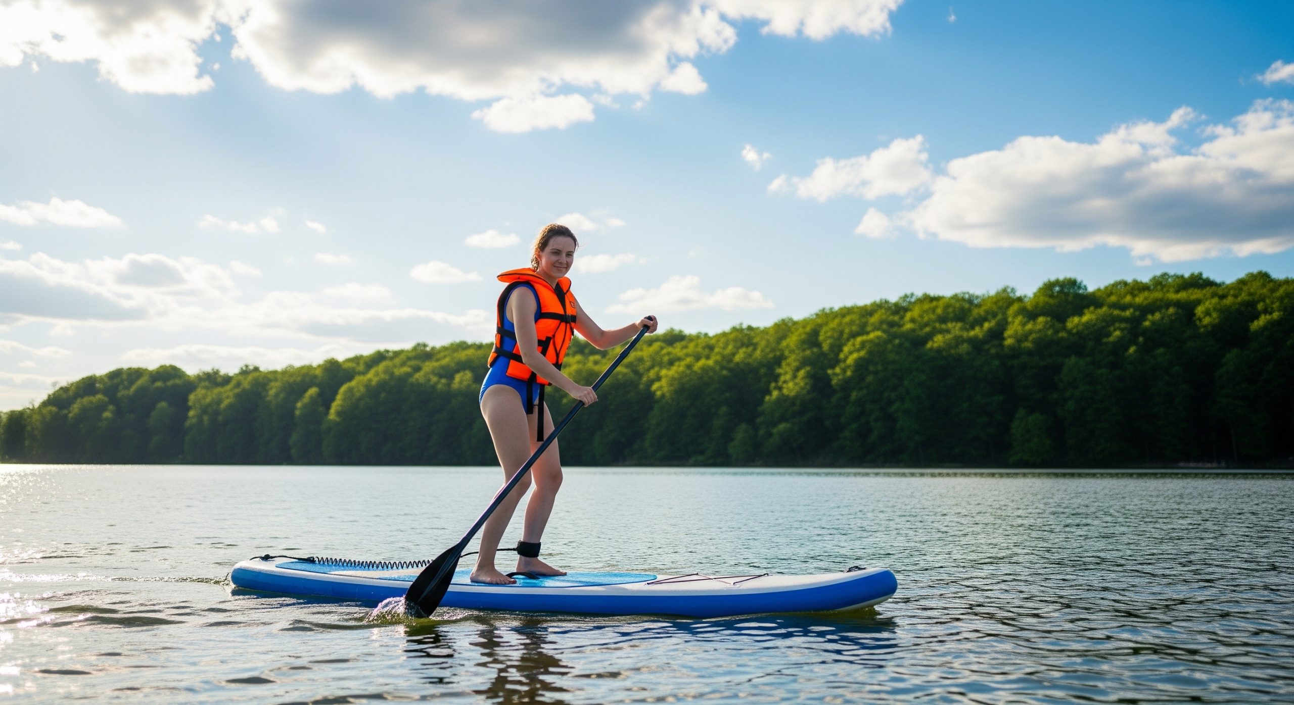 A beginner paddleboarding on a calm lake on an affordable inflatable board