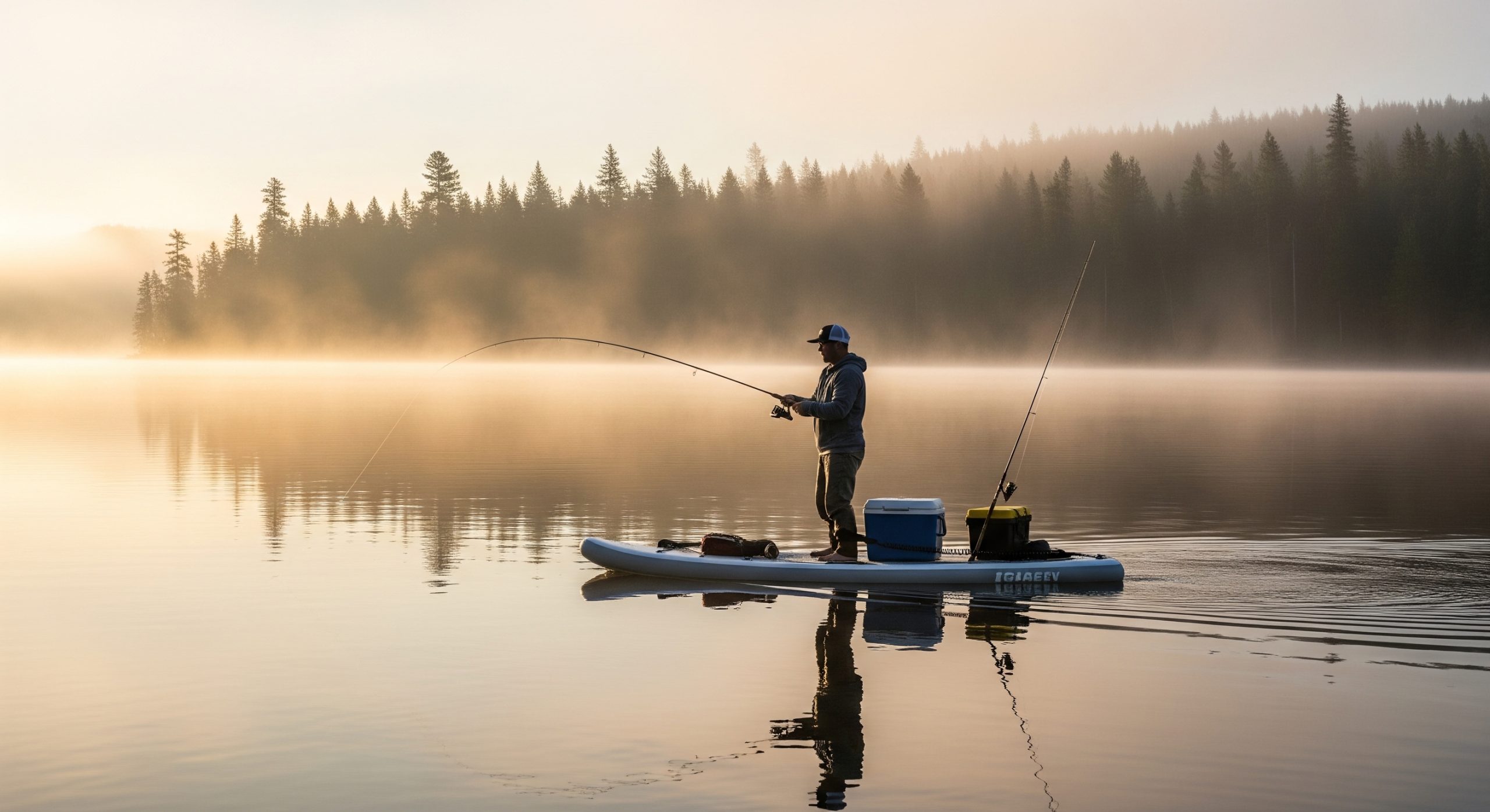 An angler fishing from a wide stable inflatable paddleboard on a calm lake at dawn