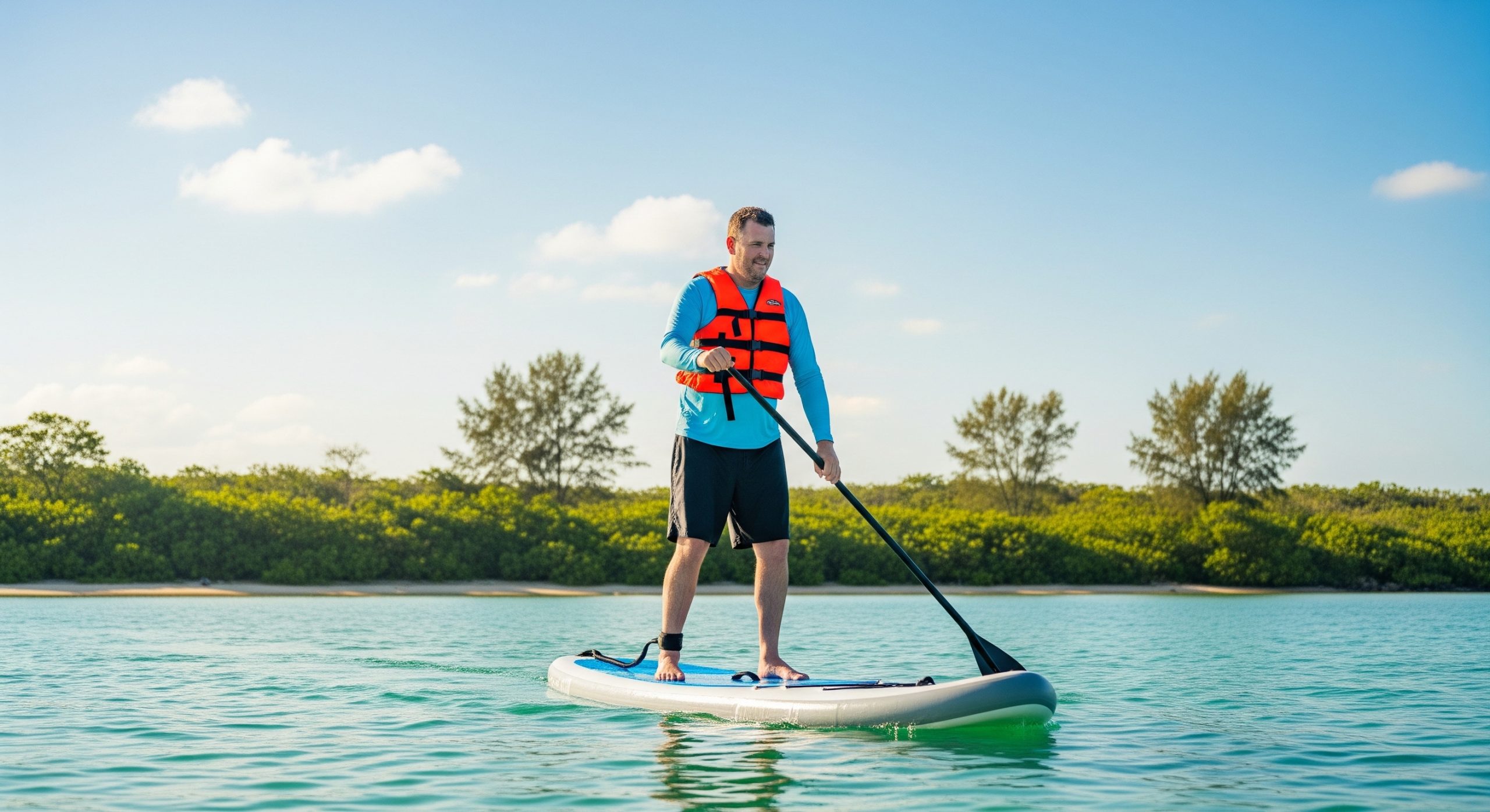 A larger adult paddleboarding on a wide stable inflatable paddleboard on calm water