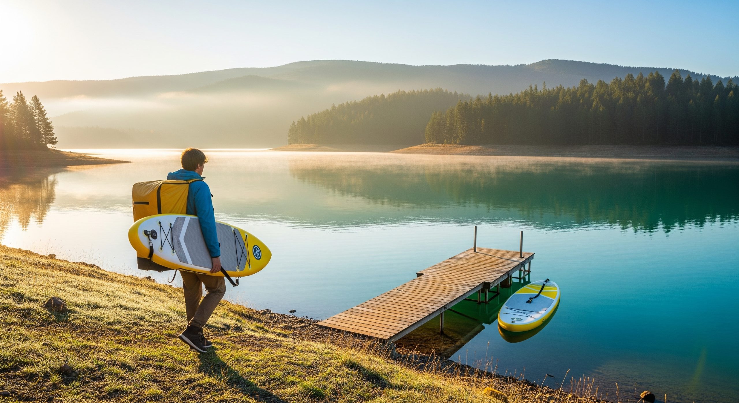 A paddler carrying an inflatable paddleboard backpack toward a calm lake at sunrise