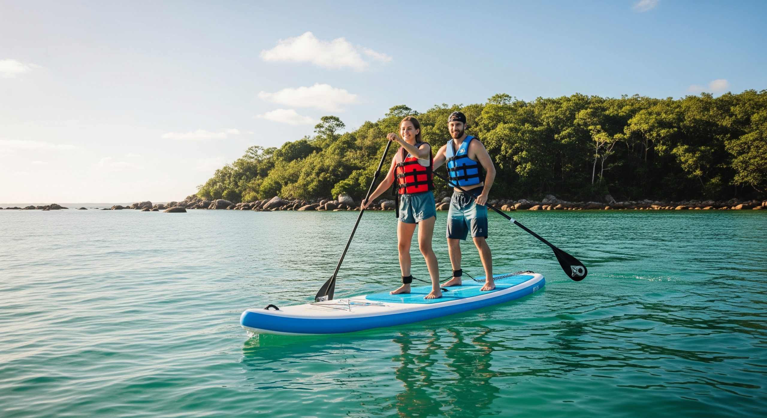 A couple paddleboarding together on one large inflatable paddleboard on calm water