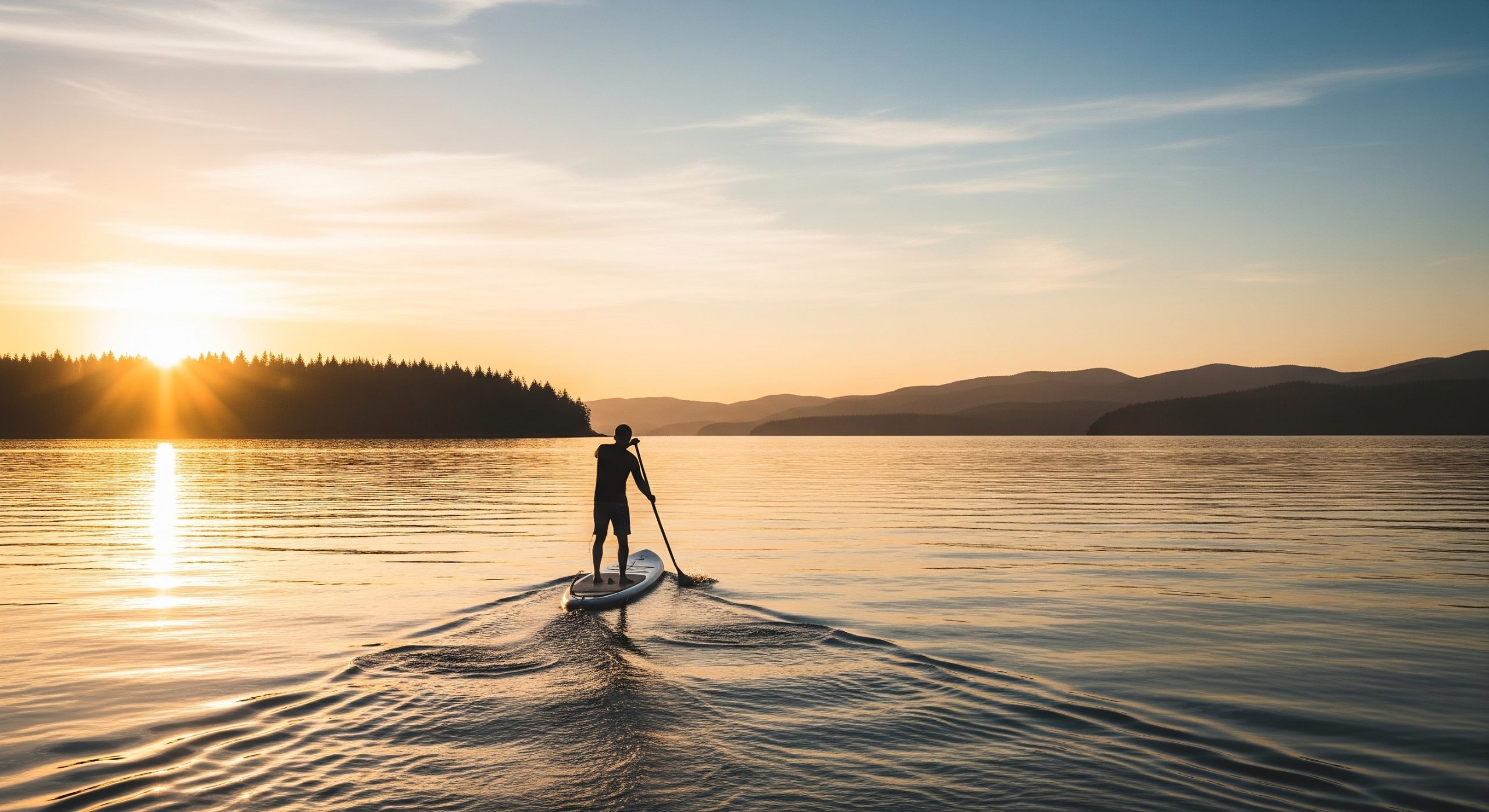 A paddleboarder gliding across open water on a long touring paddleboard at golden hour