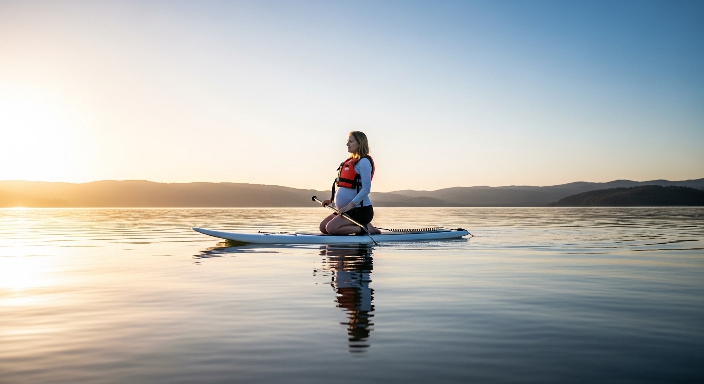 Pros and cons of paddle boarding while pregnant - an expectant mother kneeling on a stable SUP