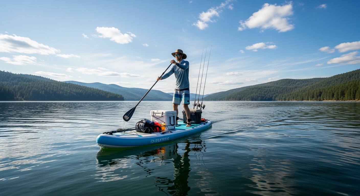 Rackham Aero 11ft review - a wide stable fishing inflatable SUP with gear on deck