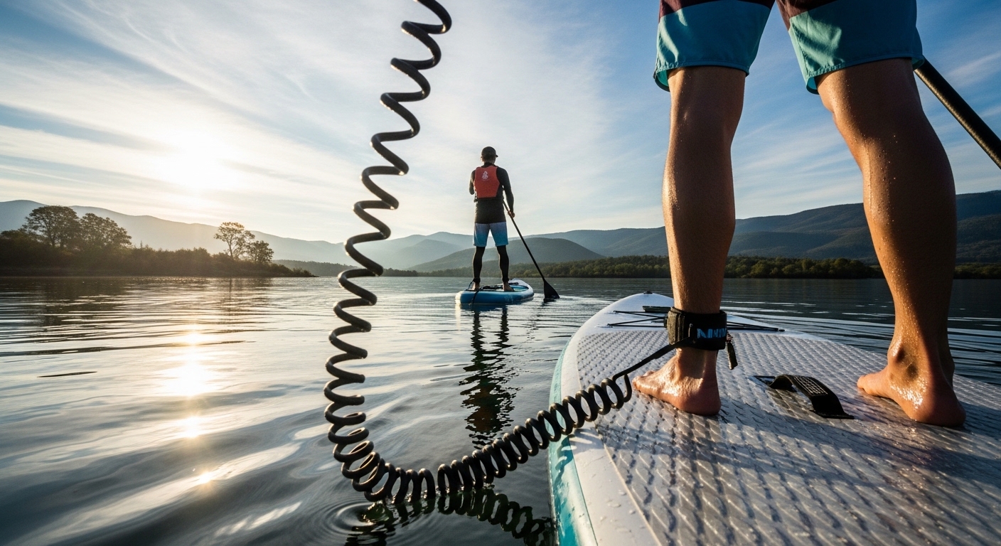 SUP leash coiled vs quick-release - coiled leash on a paddler ankle