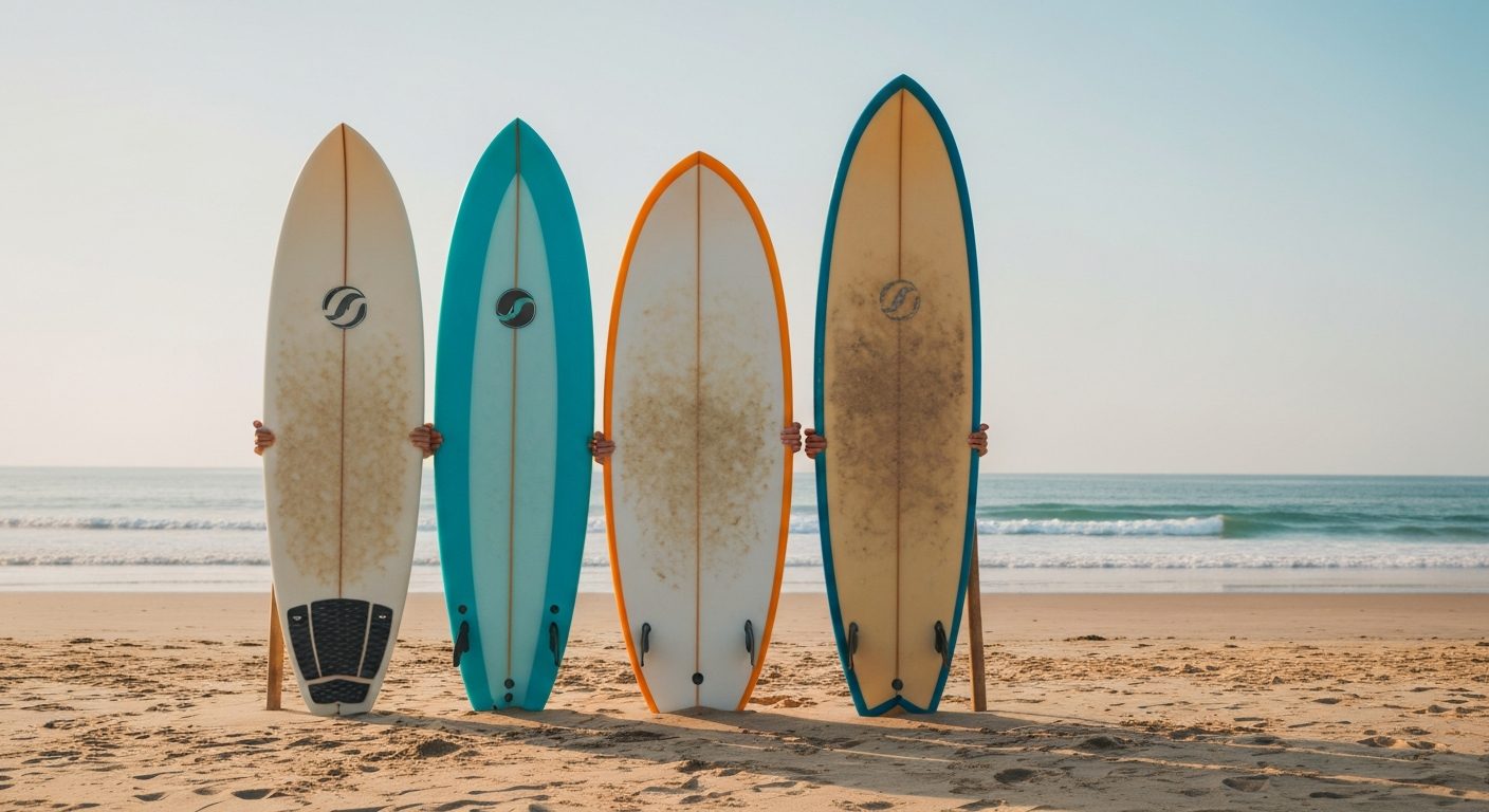 Surfboard types explained - different surfboard shapes standing in the sand