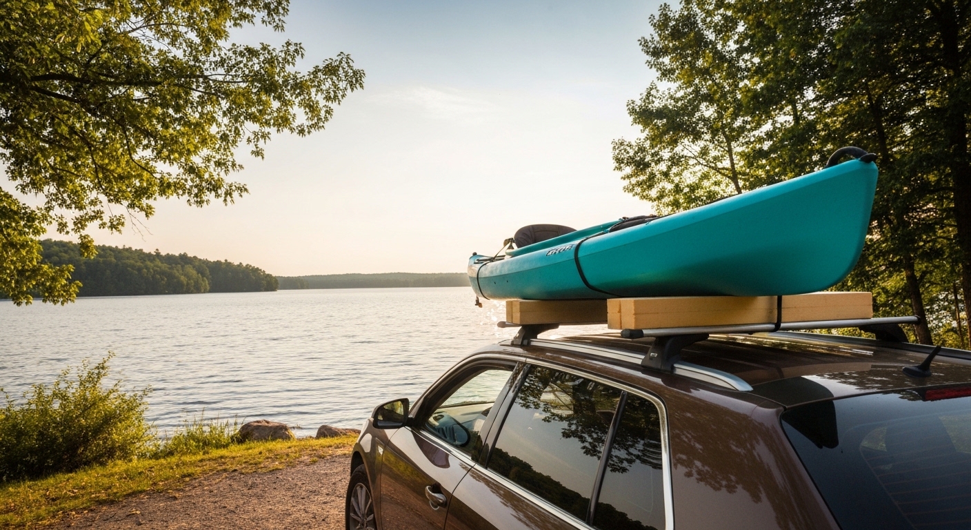 How to transport a kayak without a roof rack - a kayak on foam blocks on a car