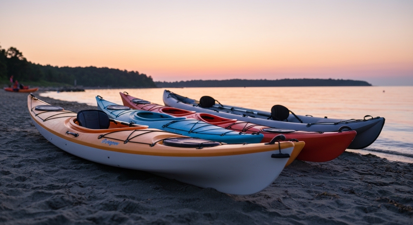 Types of kayaks - different kayak types lined up on a lake beach