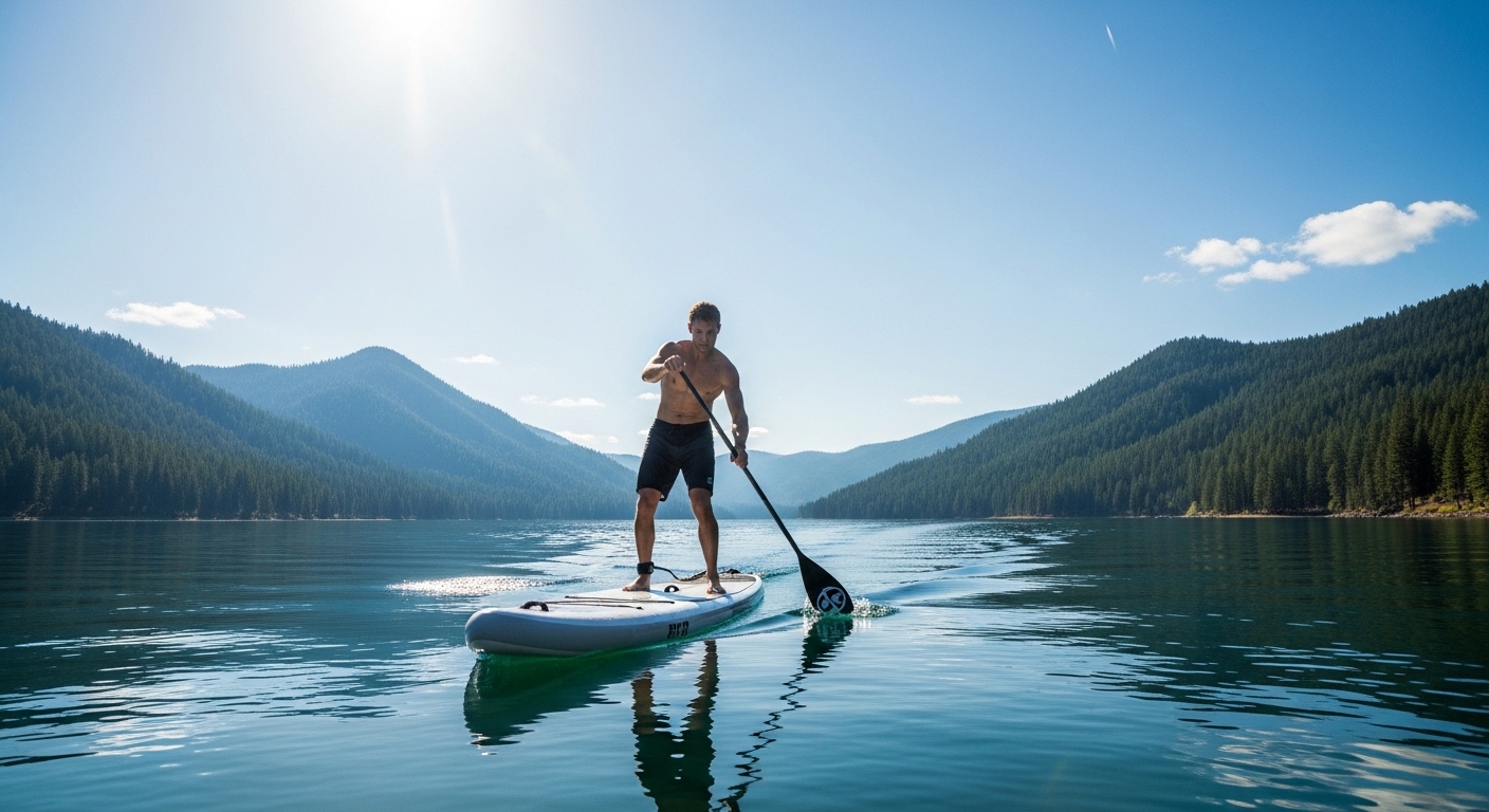 What muscles paddle boarding works - paddler engaging core on a SUP