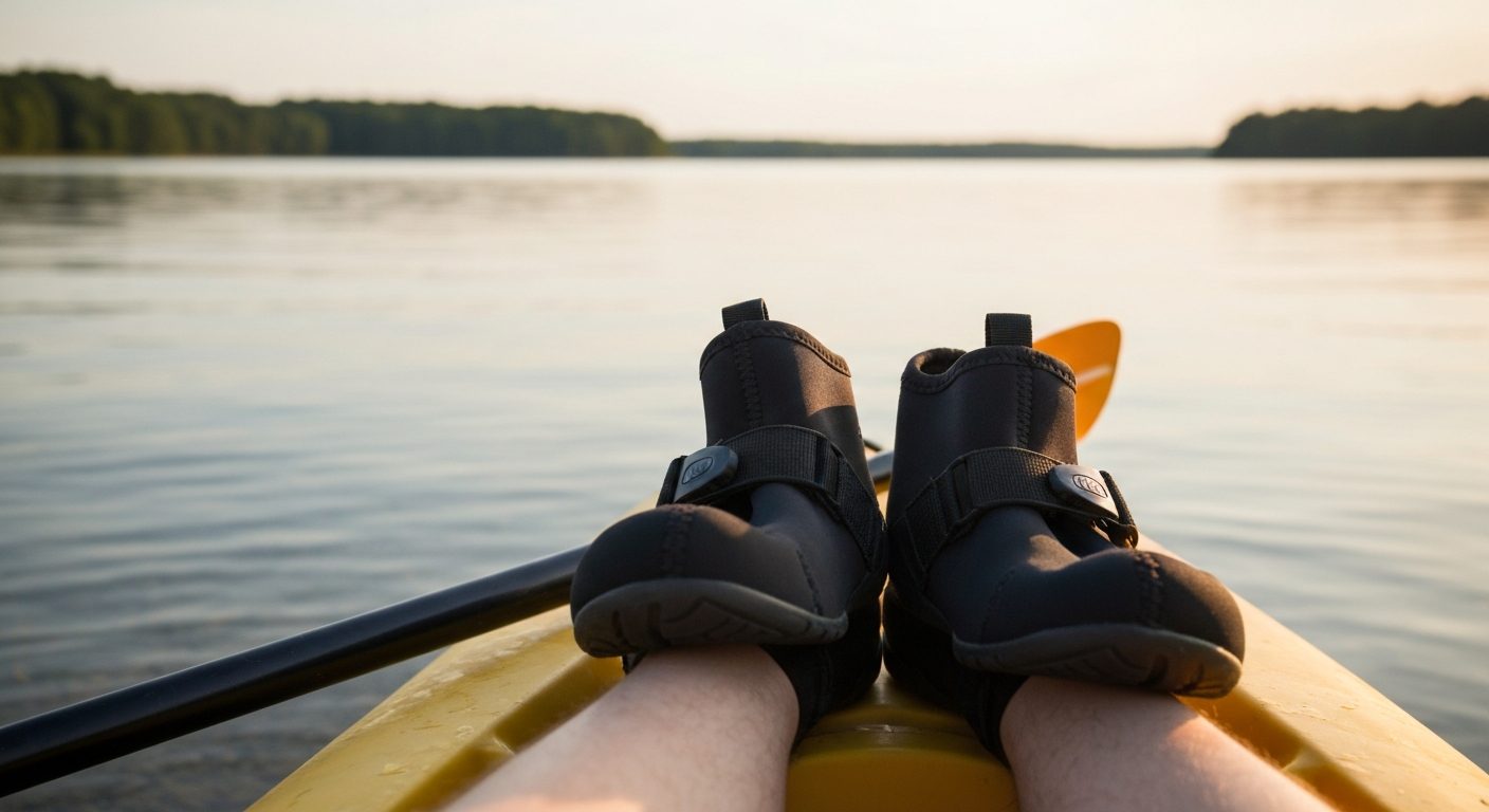 What shoes to wear kayaking - neoprene water shoes by a kayak