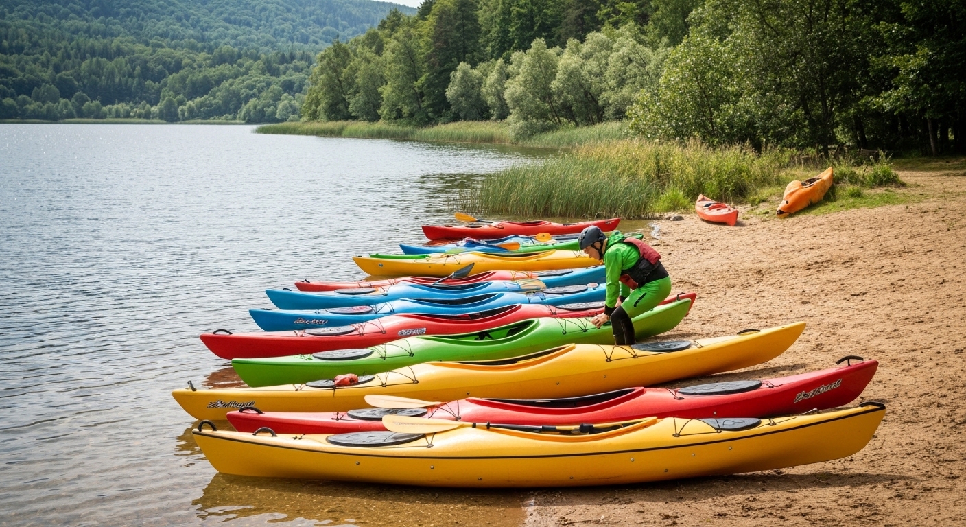 What size kayak do I need - kayaks of different lengths on a shore