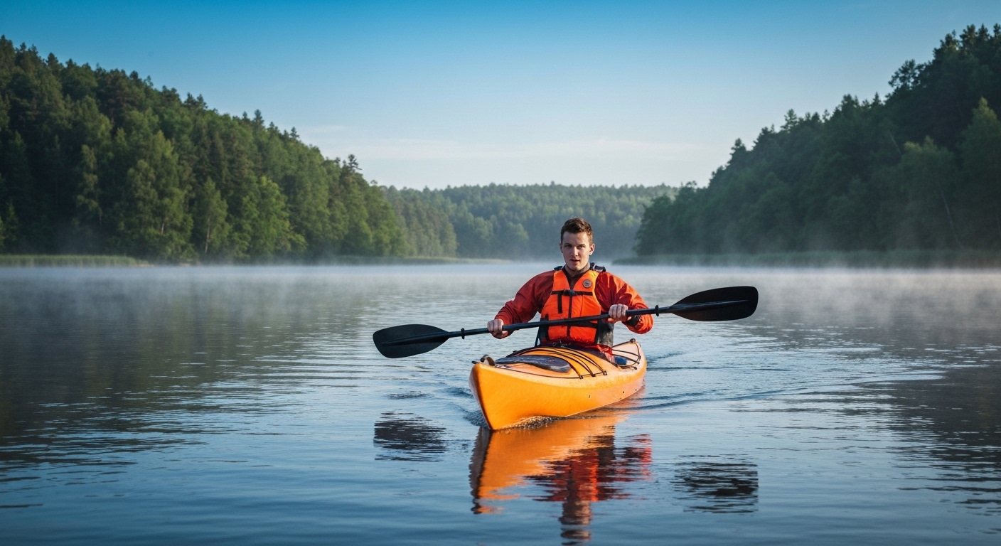 What to wear kayaking - a kayaker dressed for the conditions with a PFD