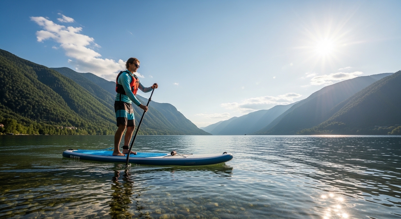 What to wear paddle boarding - paddler dressed for SUP with a PFD