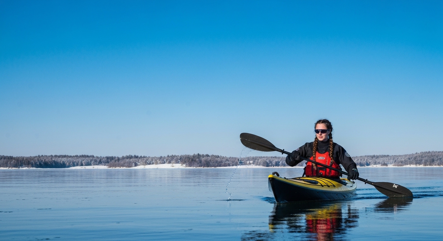 Winter kayaking - a kayaker in cold-weather gear on a calm icy lake